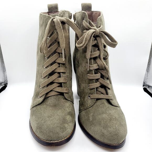 Y2K NIB Candie's Couture Olive Green Ankle Lace-up Chunky Heel Booties Sz 8.5 - Picture 2 of 12